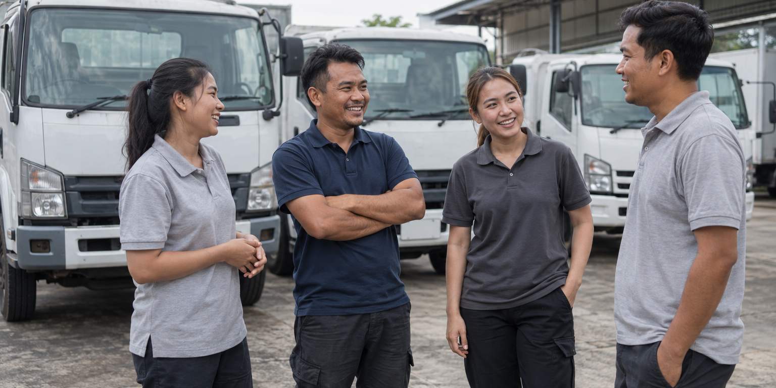 Four members of a dealership team, two women and two men in polo shirts, talking and laughing in their yard in front of parked white trucks.