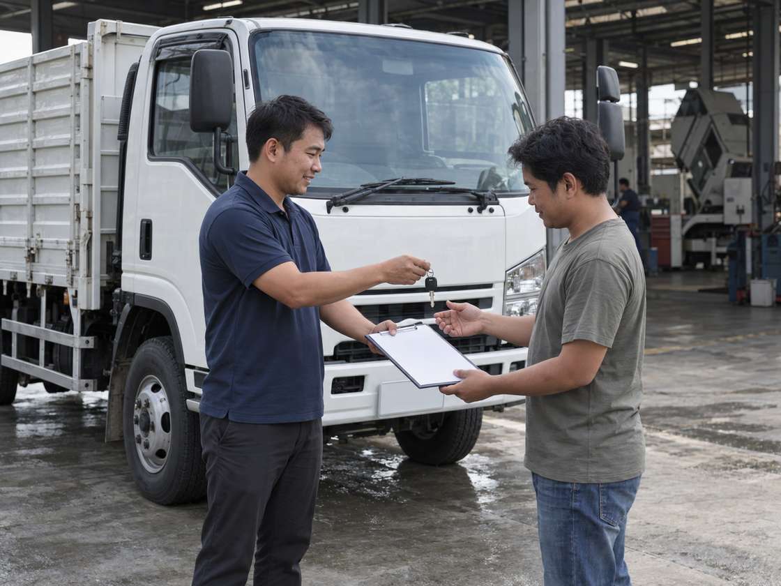 A dealer in a navy polo shirt hands the keys and a clipboard to a buyer in front of a freshly washed white cab-over truck, with the service bay behind them.