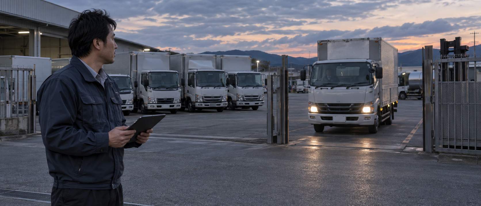A dispatcher in a work jacket holds a tablet at a fleet depot at dusk while a box truck with its headlights on drives out through the open gate past a row of parked trucks.