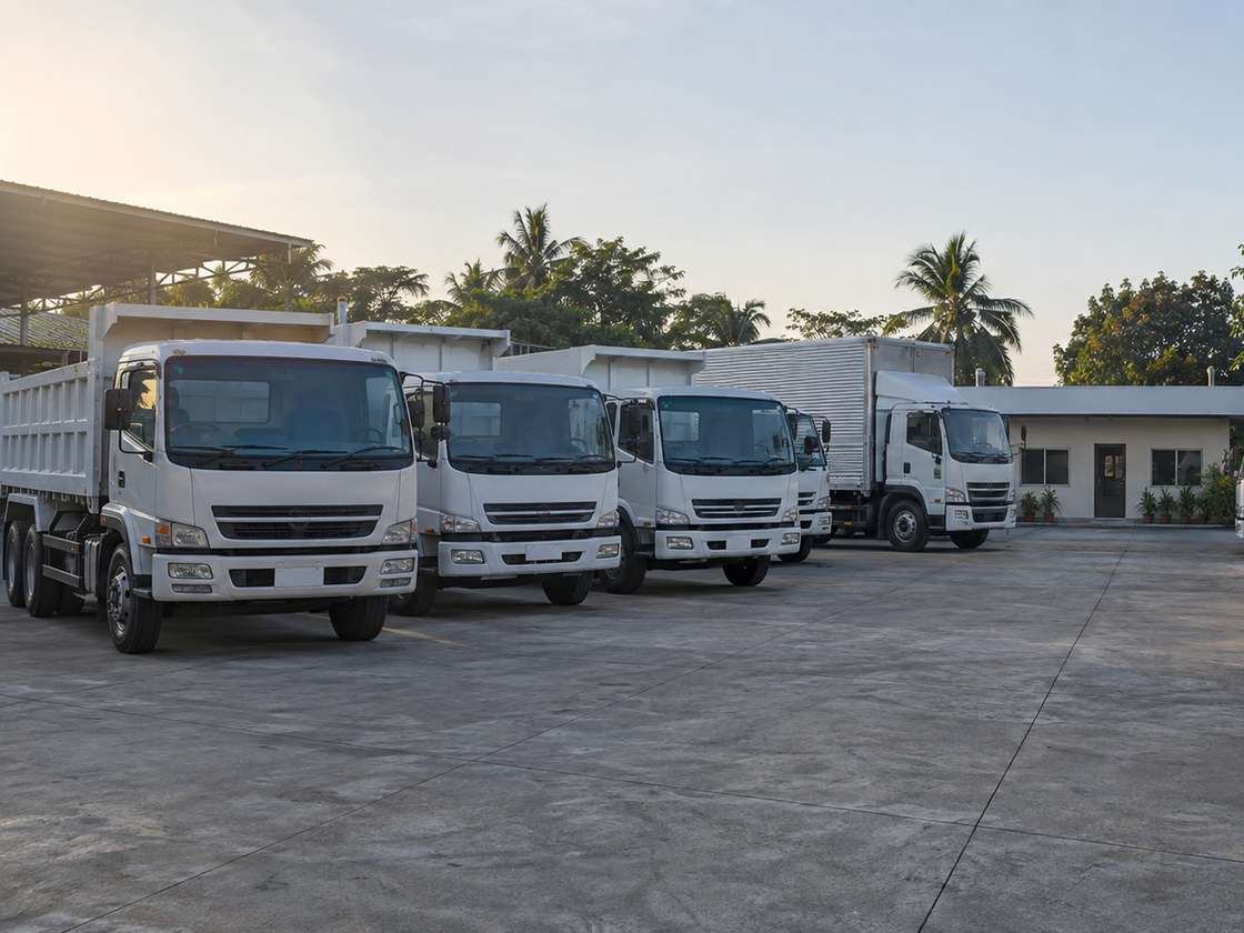 Used white cab-over dump trucks, cargo trucks and a box van parked in rows on a concrete dealership yard in early morning light, with a small office building behind.