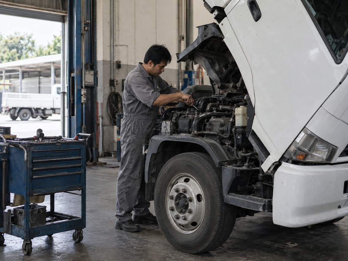 A mechanic in grey coveralls works on the engine of a white truck with its cab tilted forward, beside a tool trolley in an open service workshop.