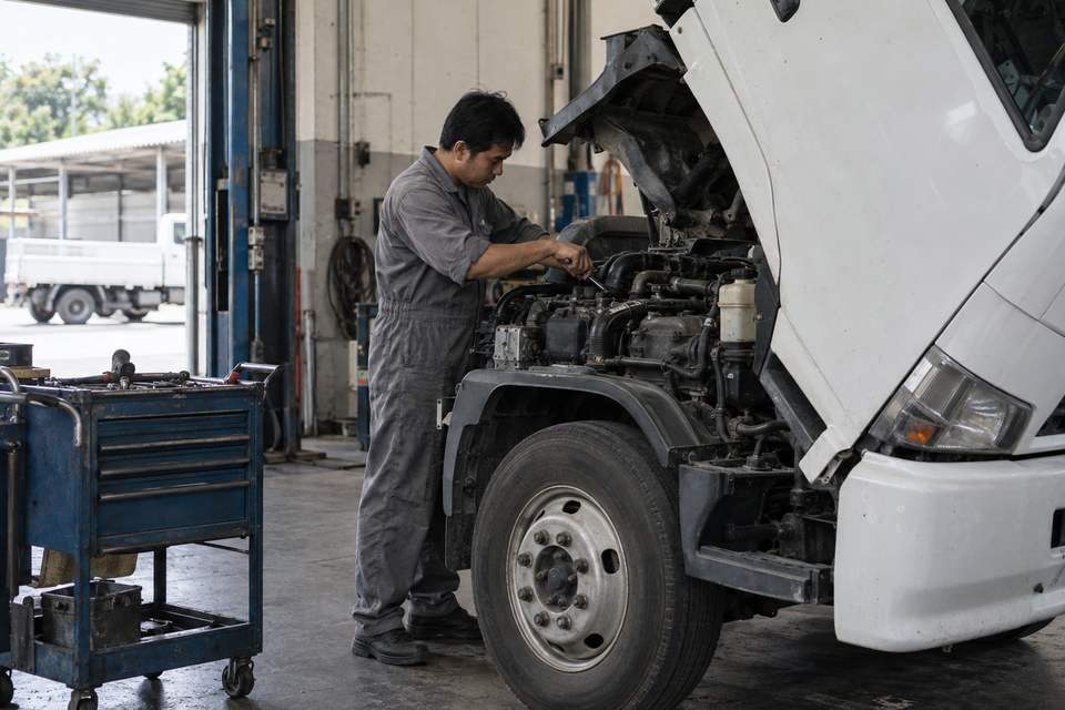A mechanic in grey coveralls works on the engine of a white truck with its cab tilted forward, beside a tool trolley in an open service workshop.